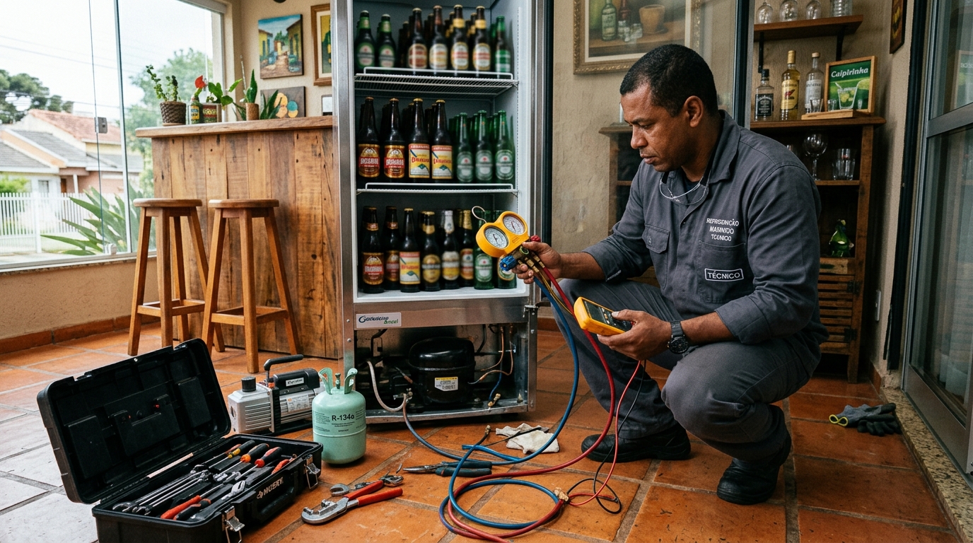 Profissional executando reparo no motor de cervejeira em Osasco‑SP