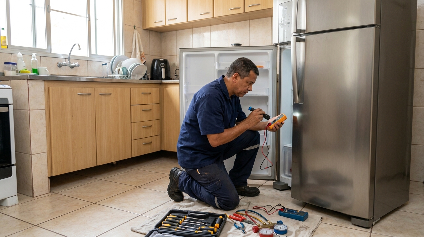 Técnico aplicando recarga de gás refrigerante em geladeira em Osasco‑SP